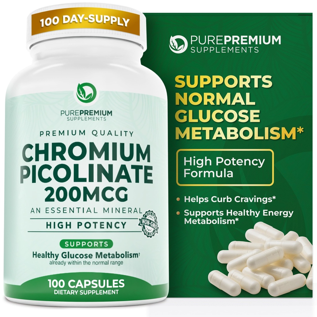 PurePremium Chromium Picolinate 200mcg - High Potency Chromium Supplements - Essential Mineral Health Support for Men/Women - Gluten-Free - 3 Months Supply - 100 Capsules