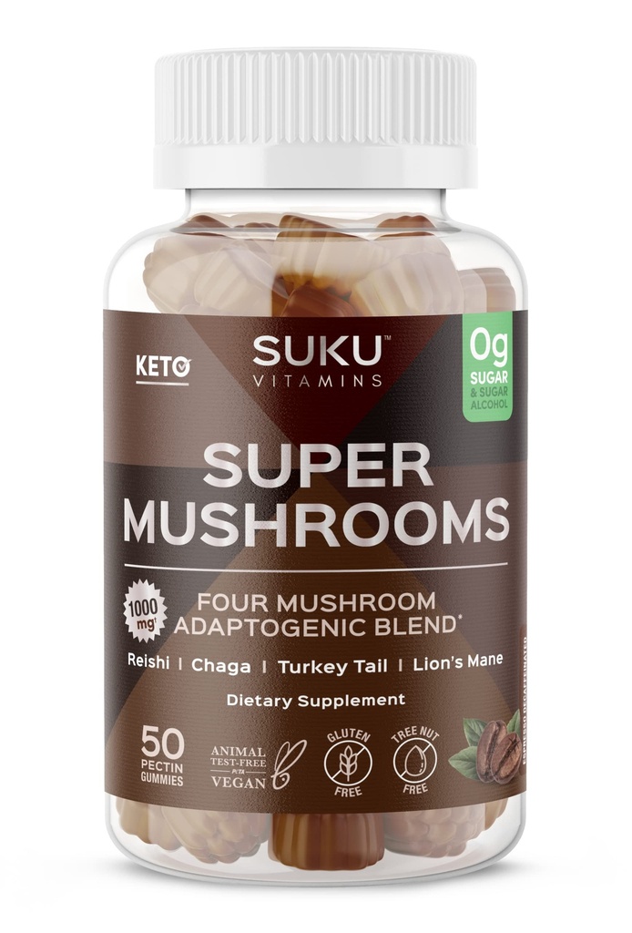 Vitamini SUKU - Super goba - Reishi Chaga, Turčija Mail & Lions Mane Mešanica gumijastih gumijev za imuniteto - enostaven za žvečenje - brez GSO, brez glutena sladkor - Espresso Decaffineated Flavored Gummy Vitamini, 50 Število
