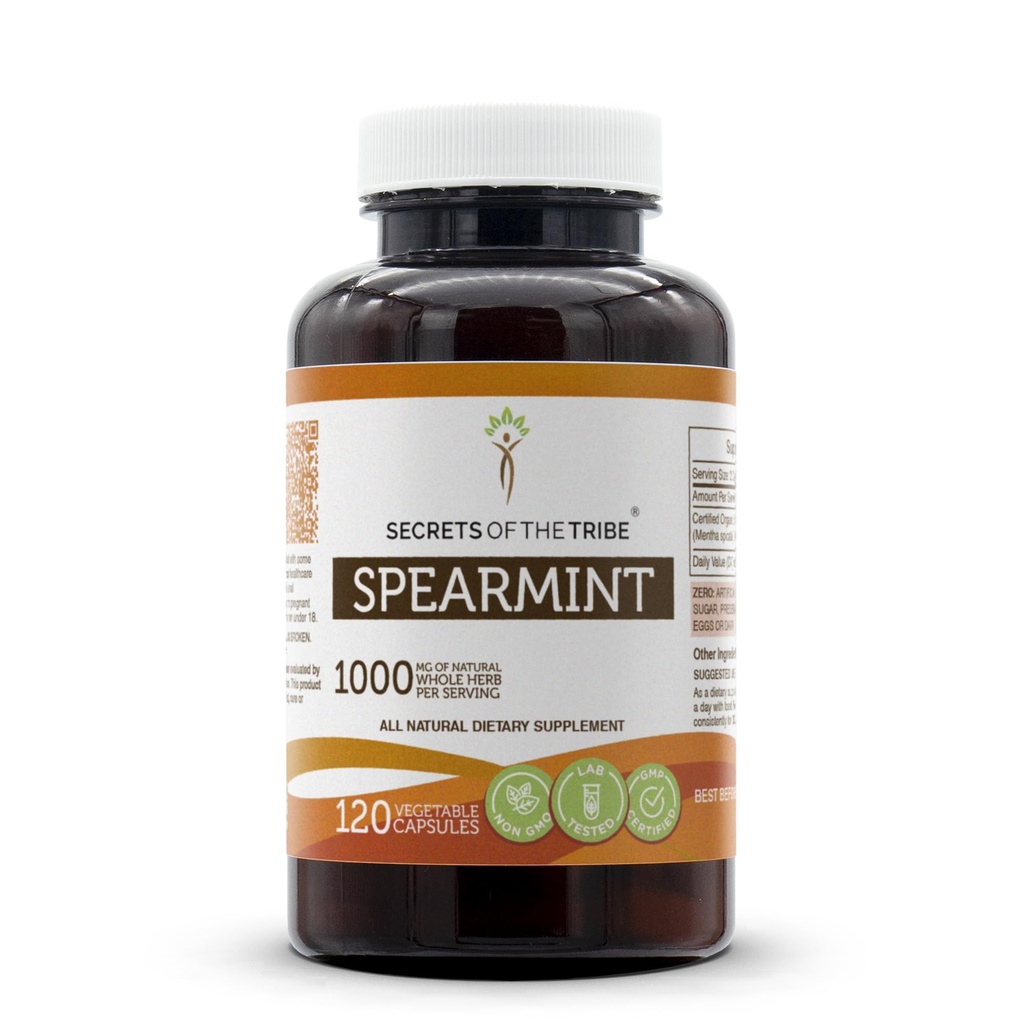 Skrivnosti kapsul Tribe Spearmint 1000 mg Spearmint (Mentha spicata) posušen list, ženski hormonski dodatek (120 kapsul)