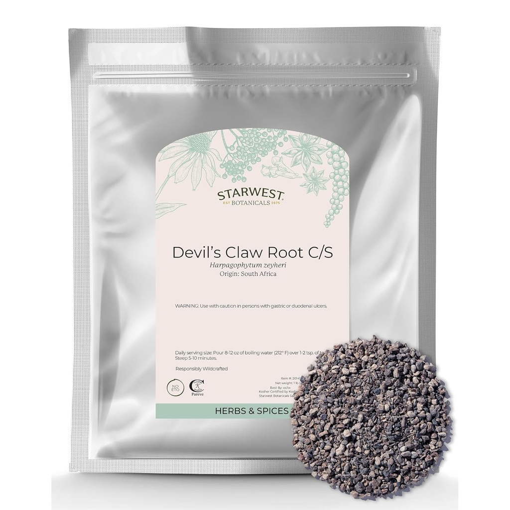Starwest Botanicals Devil's Claw Root - Suhi Herb za čaj & naravne zeliščne mešanice, Pure Devil's Claw Root, cut & Sifted, Wildcrafted, Certified Kosher - Bulk 1 lb Bag