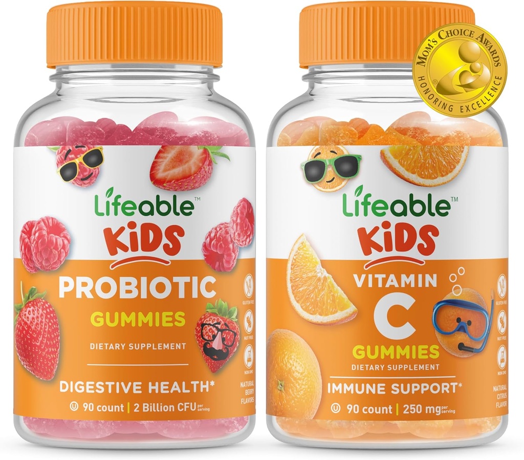 Življenjski probiotik 2 milijarda CFU otroci + vitamin C otroci, Gummies Bundle - odličen okus, Vitamin dopolnilo, Gluten brezplačno, GSO brezplačno, Žvečljivi Gummy