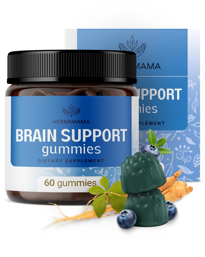 HERBAMAMA Brain Support Gumies – Brain Focus Supplements for Adults with Ashwagandha, Bacopa Monnieri, Vitamin C & B12 – Vegan, Non-GMO Caliring Gumies – 60 Pektin-Based Blueberry-Flavored Chews