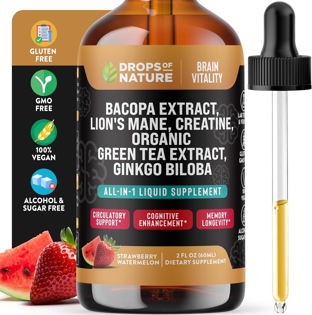 Kreatin & Bacopa Tekoče kapljice z levjo grivo, zeleni čaj & Ginkgo Biloba - hitrejša absorpcijska mešanica kot Gummies & tablete - Veganski dodatek za izboljšano fokus in kognicijo (Melona jagode, 60mL)