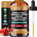 Kreatin & Bacopa Tekoče kapljice z levjo grivo, zeleni čaj & Ginkgo Biloba - hitrejša absorpcijska mešanica kot Gummies & tablete - Veganski dodatek za izboljšano fokus in kognicijo (Melona jagode, 60mL)