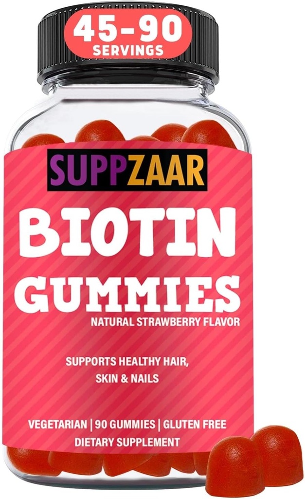 Vegan Biotin Gummies - Vitamini za rast las za ženske in moške - Koža in nohti za lase Vitamini - Jagodna aroma Gummy Vitamini - Non-GMO, Želatina & Gluten-free, 90 Gummies - SUPZAAR