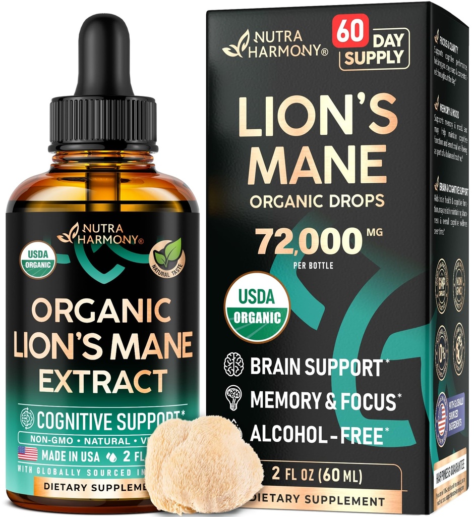 Lions Mane Liquid - USDA Certified Organic Lions Mane Supplement - Podpora za možgane, energija, spomin in fokus - Sugar & Alkohol-free Lion's Mane Gobe Extract 72.000 mg / steklenica, 2 Fl OZ, 2 Mesec dobave