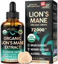 Lions Mane Liquid - USDA Certified Organic Lions Mane Supplement - Podpora za možgane, energija, spomin in fokus - Sugar & Alkohol-free Lion's Mane Gobe Extract 72.000 mg / steklenica, 2 Fl OZ, 2 Mesec dobave