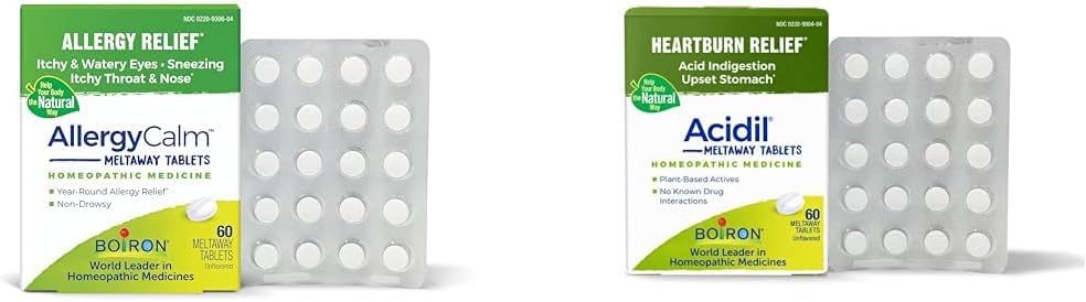 Boiron Alergija in Reflux Reflux Relief Bundle z AlergyCalm tablete (60 Count) in Acidil za Reflux in prebavne motnje (60 Count)
