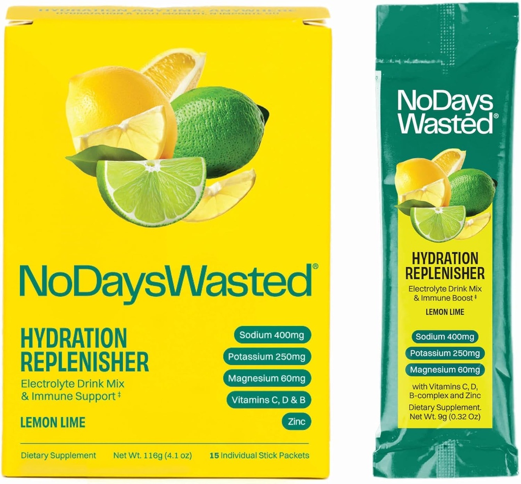 Št dni zapravljena hidracija Replenisher 15 Število - Elektrolit v prahu pijača Mix - limona limete - Natrijev in kalij za rehidracijo Plus Vitamini za podporo (15 Štetje)