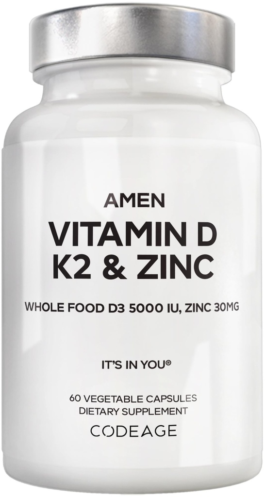 Amen Vitamin D, K2 & cink, holekalciferol D3 5000 i.e., cela organska živilska mešanica z jabolkom, borovnicami, brusnicami, Bezgovimi jagodami v prahu, veganski dodatek, D3 K2 vitamini, ne-GMO - 60 kapsul