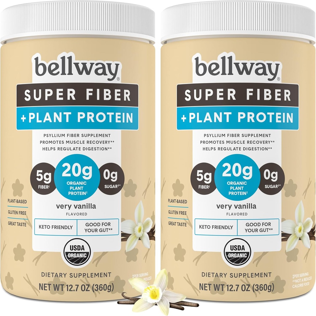 Bellway Super Fiber + Protein Powder (2 pakiranji), Sugar-free Organic Psyllium Husk Fiber Supplement Powder z 20g rastlinskih beljakovin na serviranje, Zelo Vanilla, 24.14 oz