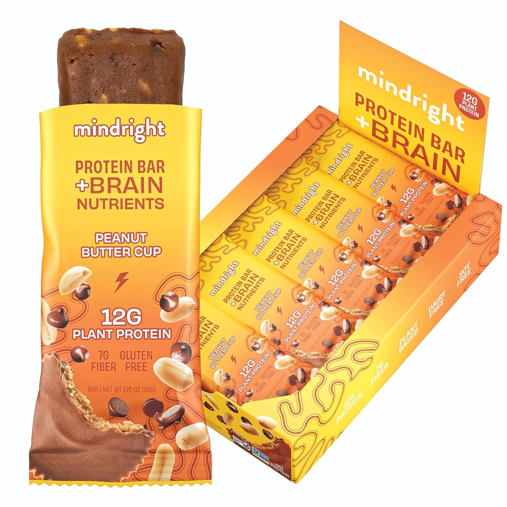 Mindright Superfood Vegan Protein Bar - Gluten Free, Non-Gmo, Nizki sladkor - Možganski prigrizek za izboljšanje razpoloženja, energije, in fokus - Paket 12 (Peanut Butter Cup)