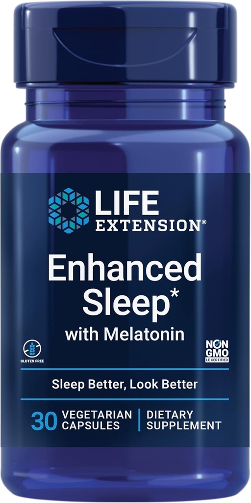 Life Extension Okrepljen spanec z melatoninom - Melatonin Spanje dodatek za miren spanec in zdravo kožo & več – Gluten-free, Non-GMO, Vegetarijanec – 30 kapsul