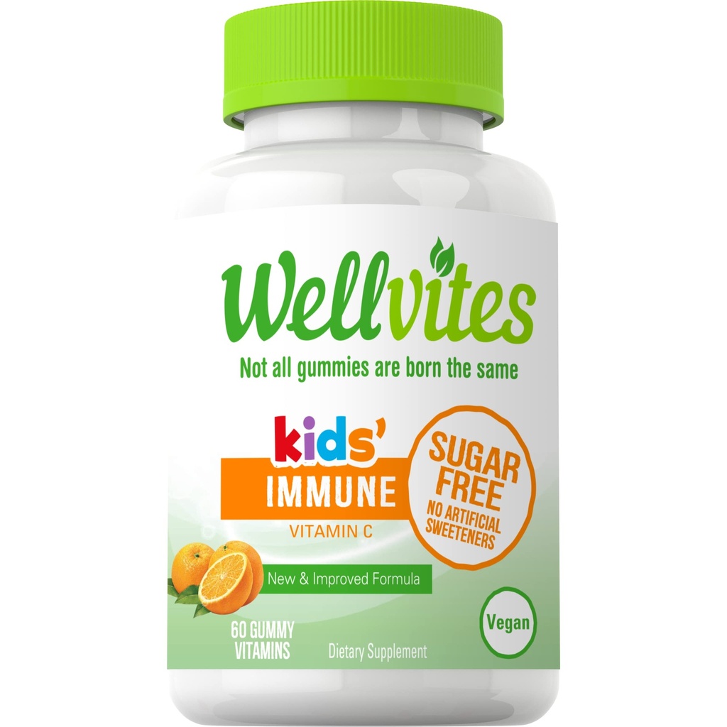 Wellvates Sugar Free Kids Imune Daily Gummy Vitamini - Vegan, Non-GMO - Vitamin C Gumies za otroke Imunska podpora, Brez umetnih sladil, Gluten-free, Želatina-free, 60 Število (30 dan dobave)