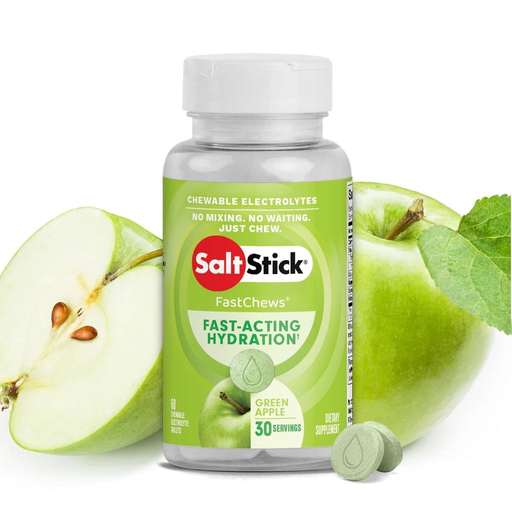 SaltStick Electrolyte FastChews - 60 Green Apple žvečljivi elektroliti - Sol tablete za tek in hidracijo, elektrolitski žvečilke - 60 Število