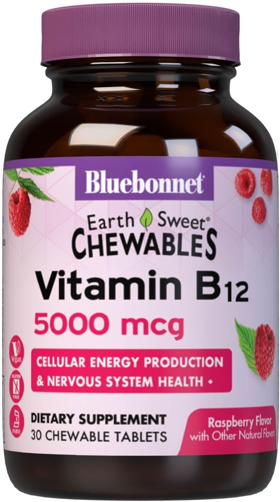 Bluebonnet Nutrition Earth Sweet Vitamin B12 5000 mcg Žvečljive tablete, Soy-free, Gluten-free, Kosher Certified, Dairy-free, Vegan, Raspberry Flavored, 30 Žvečljive tablete, 30 Servinges