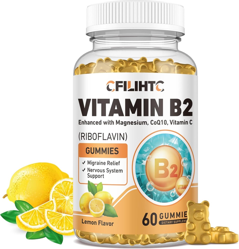 Vitamin B2 Gumies Riboflavin 400mg Dopolnilo za otroke in odrasle - Magnezij Glicinat, cink, CoQ10, Vitamin B12 - Migrena Relief & Energija, Živčevje Podpora, Sladkor brez limone Okus, 60ct