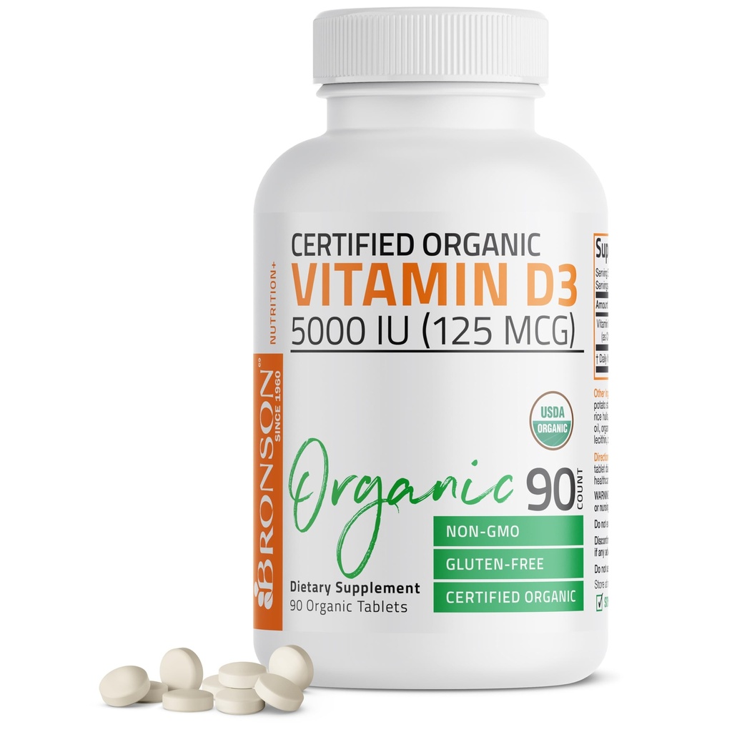 Bronson Vitamin D3 5000 i.e. Certified Organic Vitamin D dodatek, Non-GMO, USDA Certified, 90 Tablete