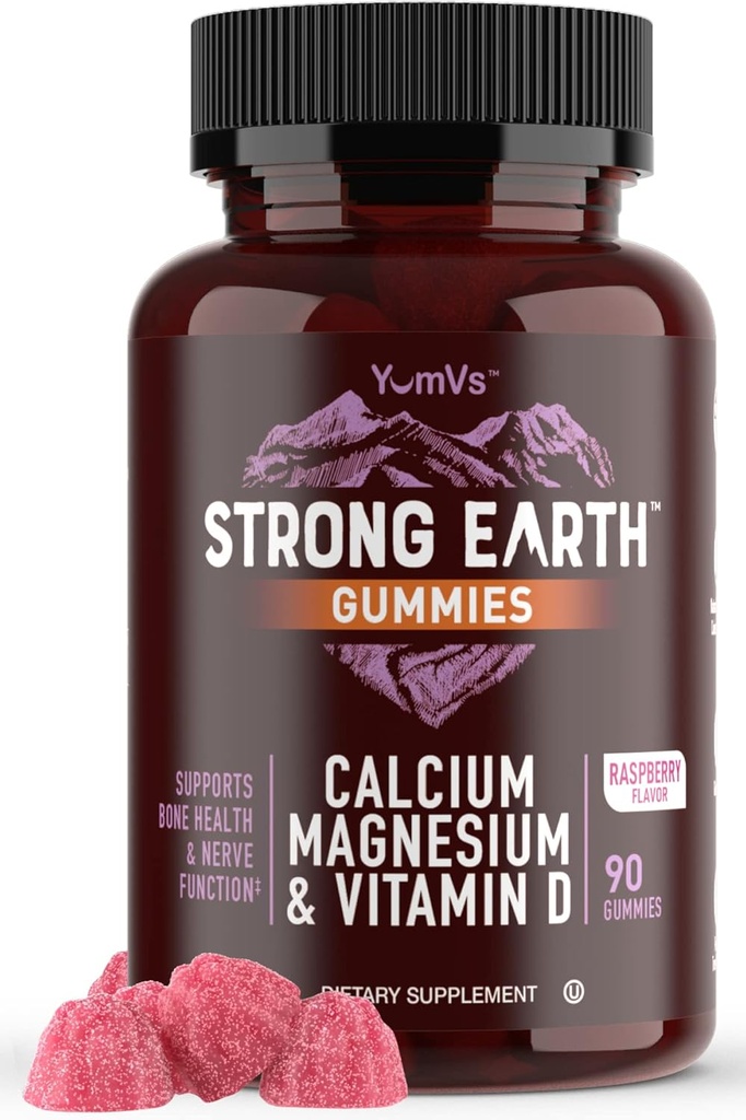 YUM-V's Strong Earth Kalcij, Magnezij, Vitamin D3 Gumies, Vitamin Gumies, Kalcijev dodatek za močno zdravje kosti za ženske in moške - Certified Kosher (90 Število)