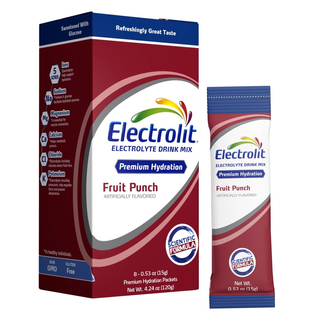Elektrolit Elektrolitski paketi v prahu, sadni punch 8 paketi, Hidracija v prahu paketi za dehidracijo in rehidracijo, po vadbi aromatizirani Hydrating Drink Mix, Gluten brezplačno Dnevni dodatki za izboljšanje vode