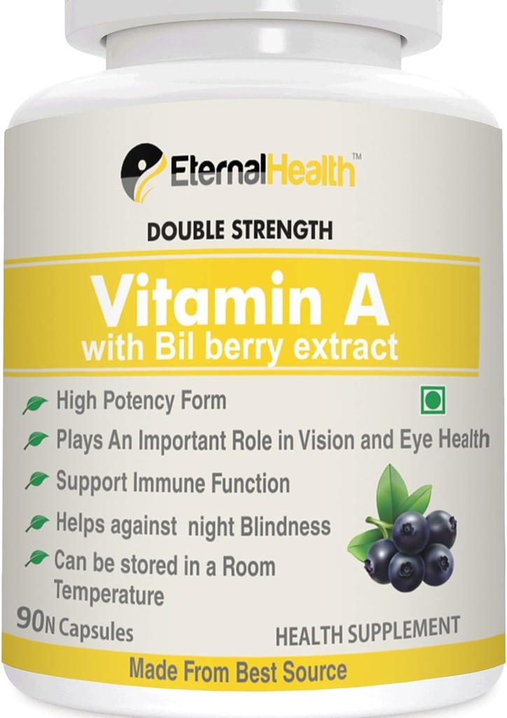 Eterna.l-zdravje Vitamin A (Dvojna moč) z borovničevimi izvlečki in izvlečki retinil palmitata- Visoka jakost oblika - podpira zdravo vid in imunski sistem in zdravo rast - 90 Veg kapsule