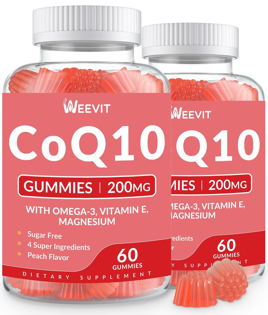 CoQ10 Gumies 200 MG, koencim Q10 (Ubikinon) Gumiji za odrasle, Co Q10 dodatek z Omega-3, Magnezij, energija, podpora možganov