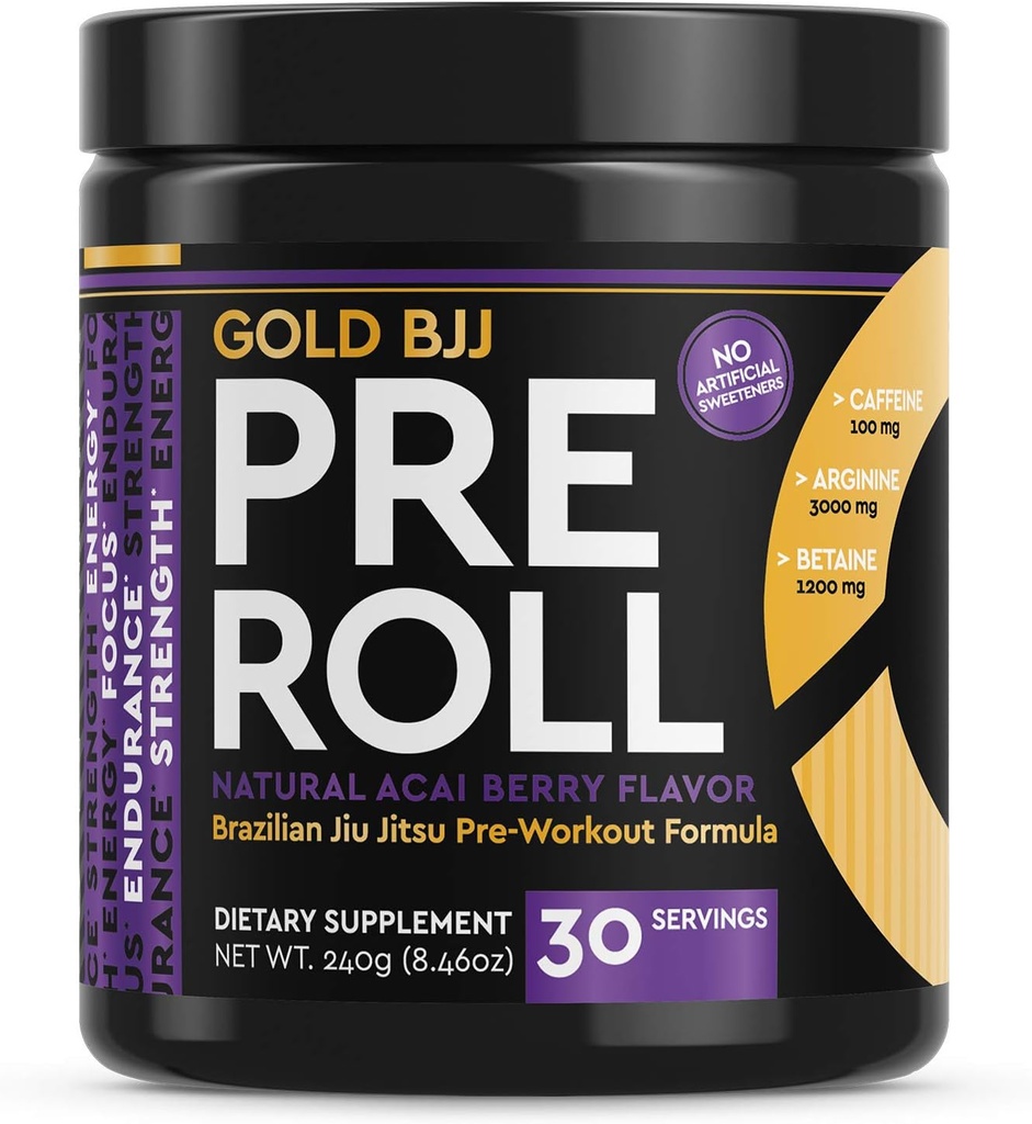 Gold BJJ PreRoll - Jiu Jitsu Pre Workout dodatek za energijo, fokus in vzdržljivost - Martial Arts Specific Pre-Workout Formula v prahu z naravnimi aromami (Acai Berry, 30 Servings)