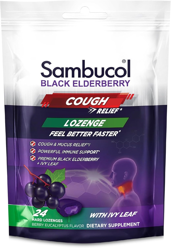 Sambucol Black Elderberry Cough Relief Lozenges - kašelj Kapljice za odrasle, Sambucus Elderberry Lozenges, z Ivy Leaf, Cough & Mucus Relief, Imunska podpora, Berry Eucalyptus - 24 Count, 1 pakiranje