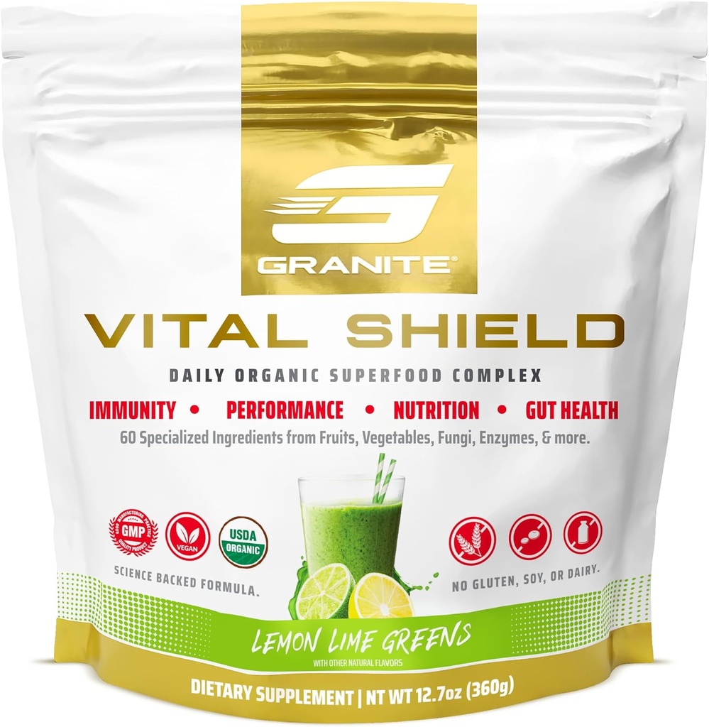 Granit Nutrition Vital Shield - USDA Organic Superfood Greens with Gobs & Tart Cherry – Podpira energijo, imunske funkcije in prebavne zdravje – limonina limonina aroma (30 strežajev)