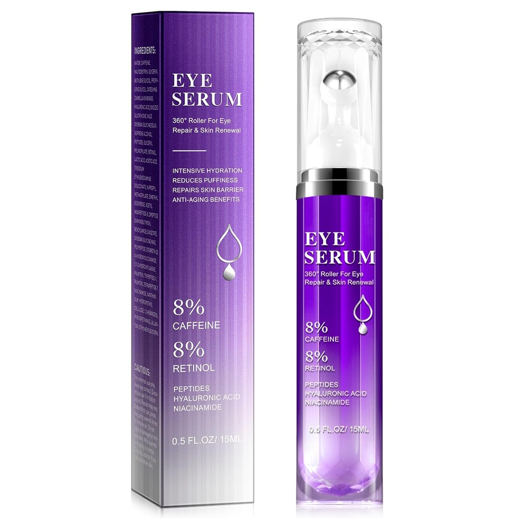 Serum za oči - 8% kofein & 8% Retinol krema za oči temnih krogov, Puffy in vrečke, Puffy vrečke Fine Lines Wrinkles, 360° masaža Ball Cream, hialuronska kislina Serum za moške in ženske
