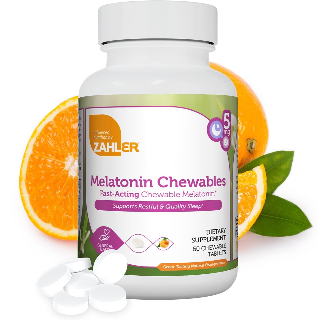 Zahler Melatonin 5 mg tablete - hitro delujoči žvečljivi melatonin 5 mg tablete - okusne pomarančne arome - podpora mirnega in kakovostnega spanja - Košir Non GMO, izdelan v ZDA prehranski dodatek, 60 Count