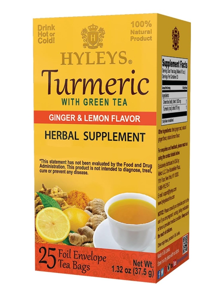 Hyleys ingver kurkuma čaj limona aroma - 25 čajne vrečke (12 paket - 300 čajne vrečke skupaj) - Wellness zeliščni dodatek zeleni čaj