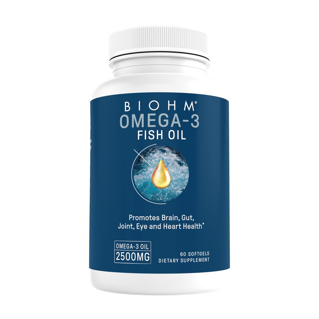 BIOHM Omega-3 ribje olje (2500mg, 60 Softgels) Visoka moč 860mg EPA & 630mg DHA, Omega 3 Maščobne kisline dopolnila za podporo možganov, skupno, oči, jeter in črevesja, Trajno vir