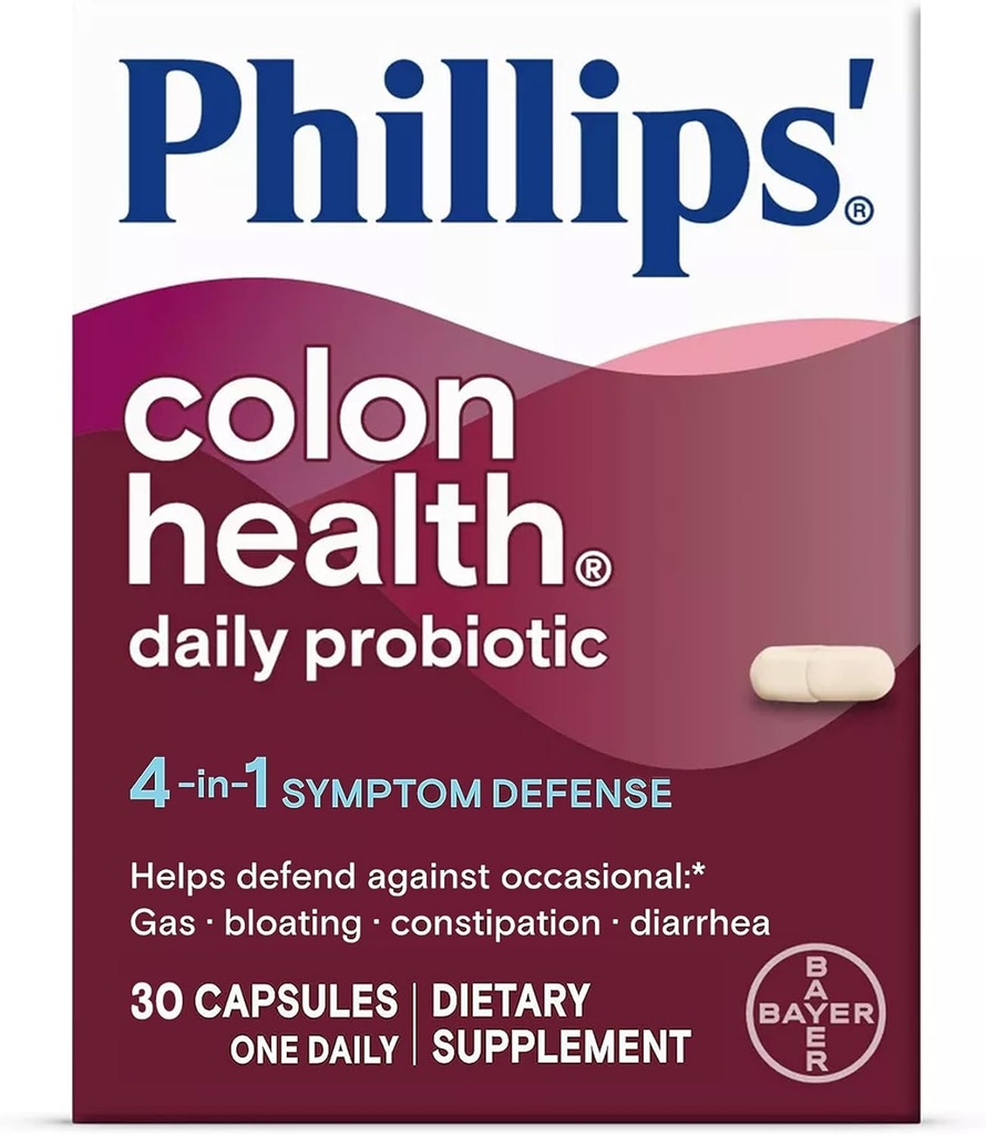 Phillipsove dnevne probiotične kapsule Colon Health, 4-v-1 Simptomska obramba za obrambo pred občasnim plinom, napenjanjem, zaprtjem in drisko, Daily Supplement, 30 Count