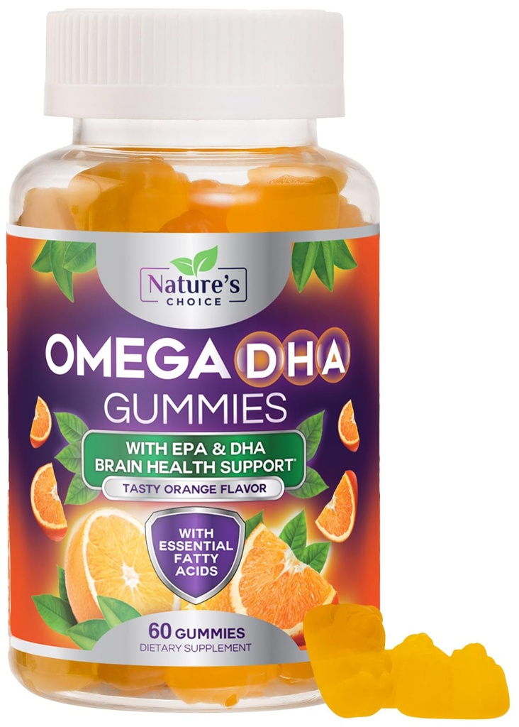 Omega 3 Ribje olje Gumies - Trojna moč Omega3 Gummy - DHA & EPA Maščobne kisline za zdravje srca, Joint & Brain Support, Narava je visoka absorpcija Omega ribje olje dodatek, Orange aroma- 60 Gumies