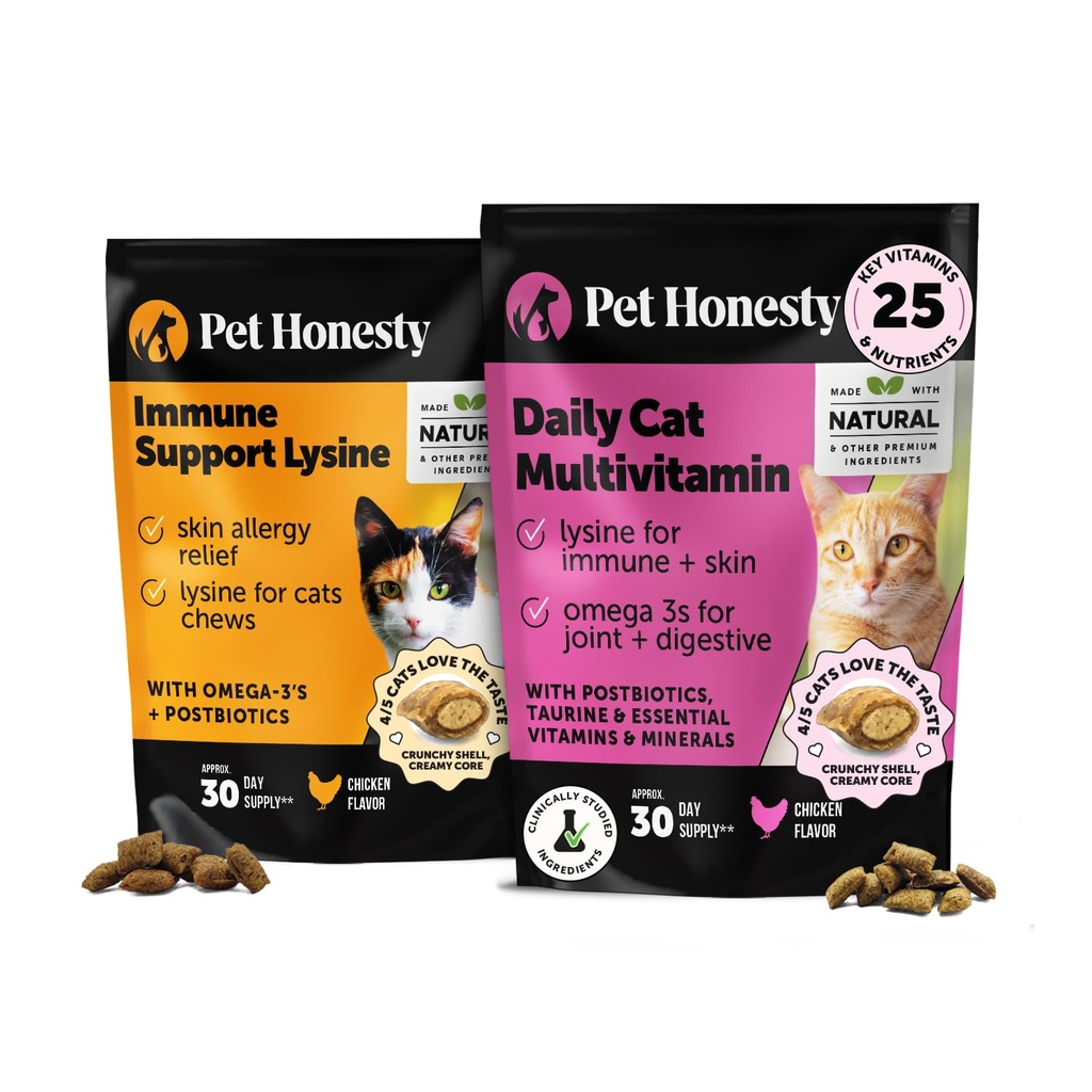 Cat multivitamini + Imunska podpora Lysine Dual Texture Chew dopolnilo - podpira splošno imunskega zdravja, sklepov, kože in plašča, in mačka alergija olajšava - Sneesing, Runny Nose