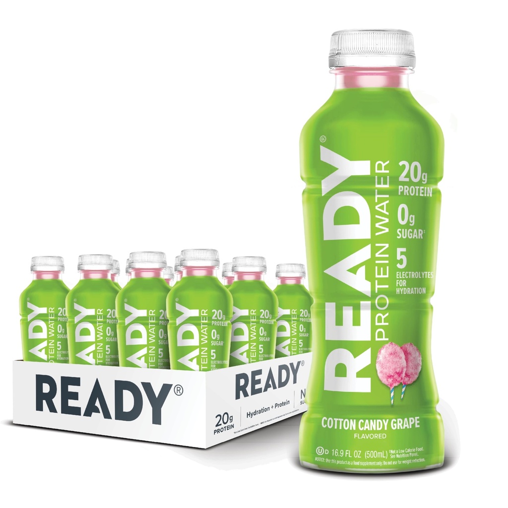 Ready® Protein Water – 20g izolat sirotkinih beljakovin, nič sladkorja, nizkokalorični športni napitek za hidracijo in regeneracijo – elektroliti, esencialne aminokisline – Cotton Candy Grape, 16,9 fl steklenice (12-Pack)
