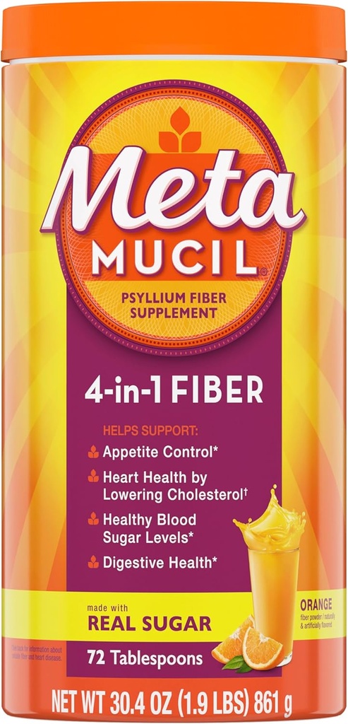 Metamucil 4-v-1 Psyllium Husk Fiber Dodatek, Pravi sladkor, 72 žlici, Orange Flamored, Dnevna Fiber Powder za digestivno zdravje, narejen z rastlinsko-baznim Psyllium Husk Fiber