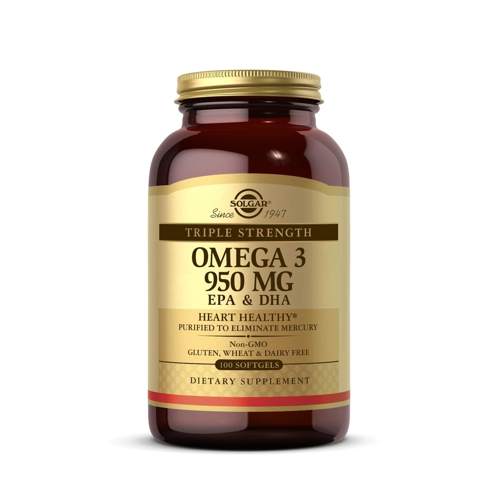 Solgar Triple Jakost Omega-3 950 mg, 100 Softgels - Podpira Kardiovaskularno, Zdravje sklepov in kože - Heart Health Supplement - Essential Maščobne kisline - Ne GSO, Gluten Free, Dairy Free - 100 Število