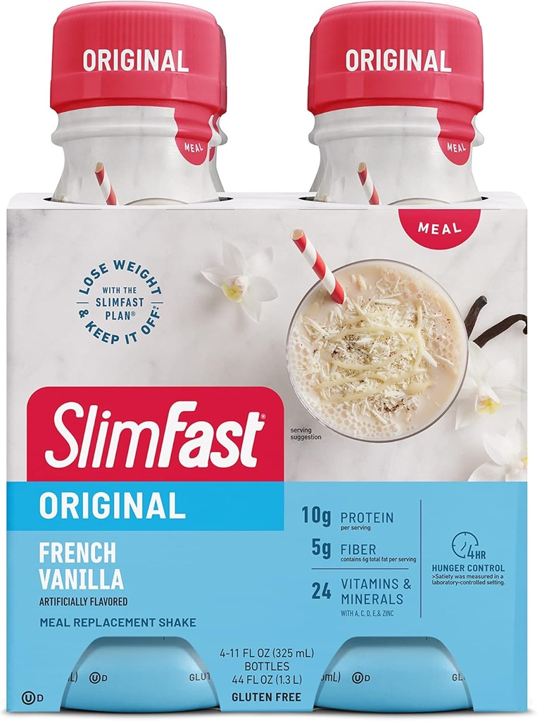 SlimFast Meal zamenjava Shake, Original French Vanilla, 10g pripravljen za pitje beljakovin za hujšanje, 11 Fl. Oz steklenica, 4 Število (Packaging maj Vary)