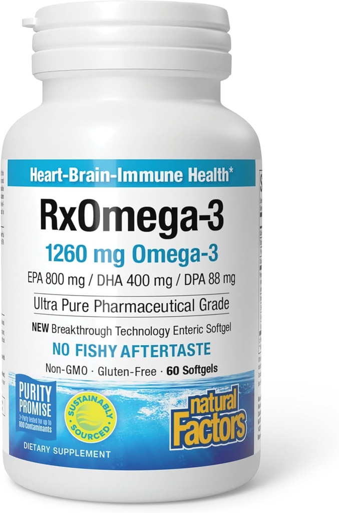 Naravni dejavniki RxOmega-3, naravna podpora za zdravje srca z DHA in EPA, Dnevna prehrana dodatek, 60 Softgels