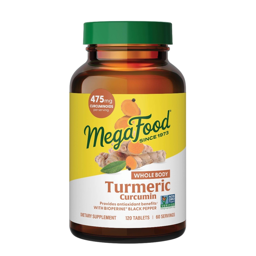 Megafood cel telo kurkumin dodatek - Kurkumin dodatek s črnim poprom in vitaminom C - 475 mg kurkuminoidi na služijo - Antioksidant in imunske podpore - Vegan - 120 tablet, 60 Servinges