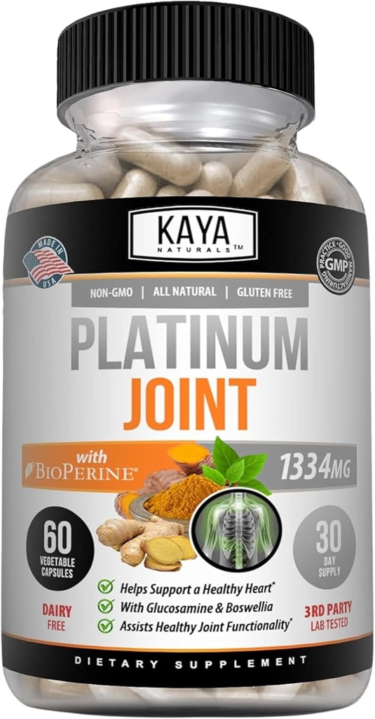 Kaja Natural Platinum - Narava narejena Bioperine, glukozamin, Kurkuma z Boswellia, Zdrave antioksidant lastnosti, Kurkumin 1334mg - 60 Kapsule