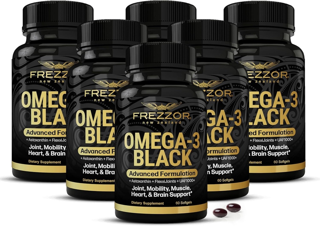 FREZZOR Omega 3 Črna za skupno nego & Comfort - Nova Zelandija Green Lipply Mussel Oil kapsule; 53x Višja moč z UAF1000+ Super antioksidant, brez ribjega pookusa, 450mg, 6-Pack, 360 Softgels