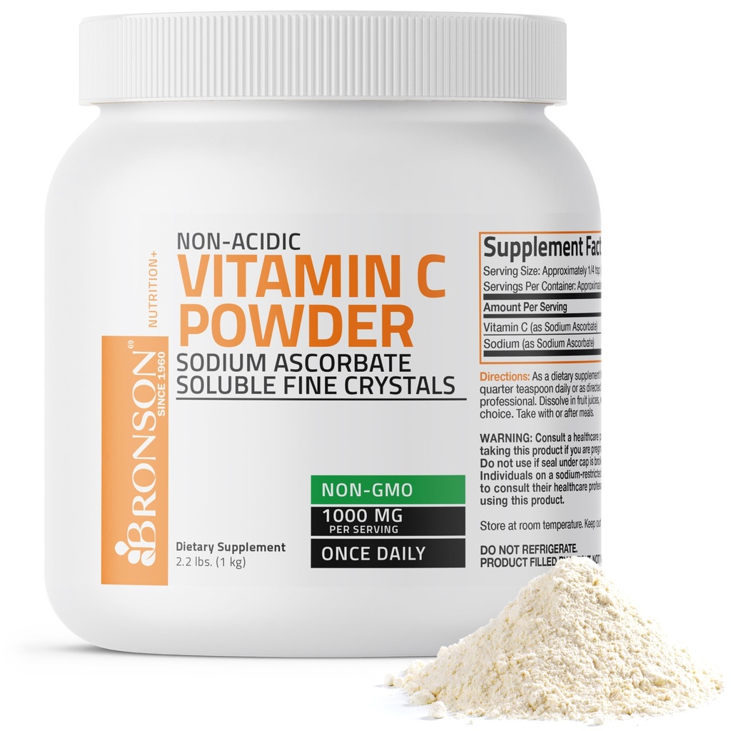 Bronzon nekislinski vitamin C v prahu natrijev askorbat ne- gensko spremenjeni topni kristali - zdrav imunski sistem, antioksidant in zaščita celic, 1 kilogram (2,2 lbs, 35,3 ounce)