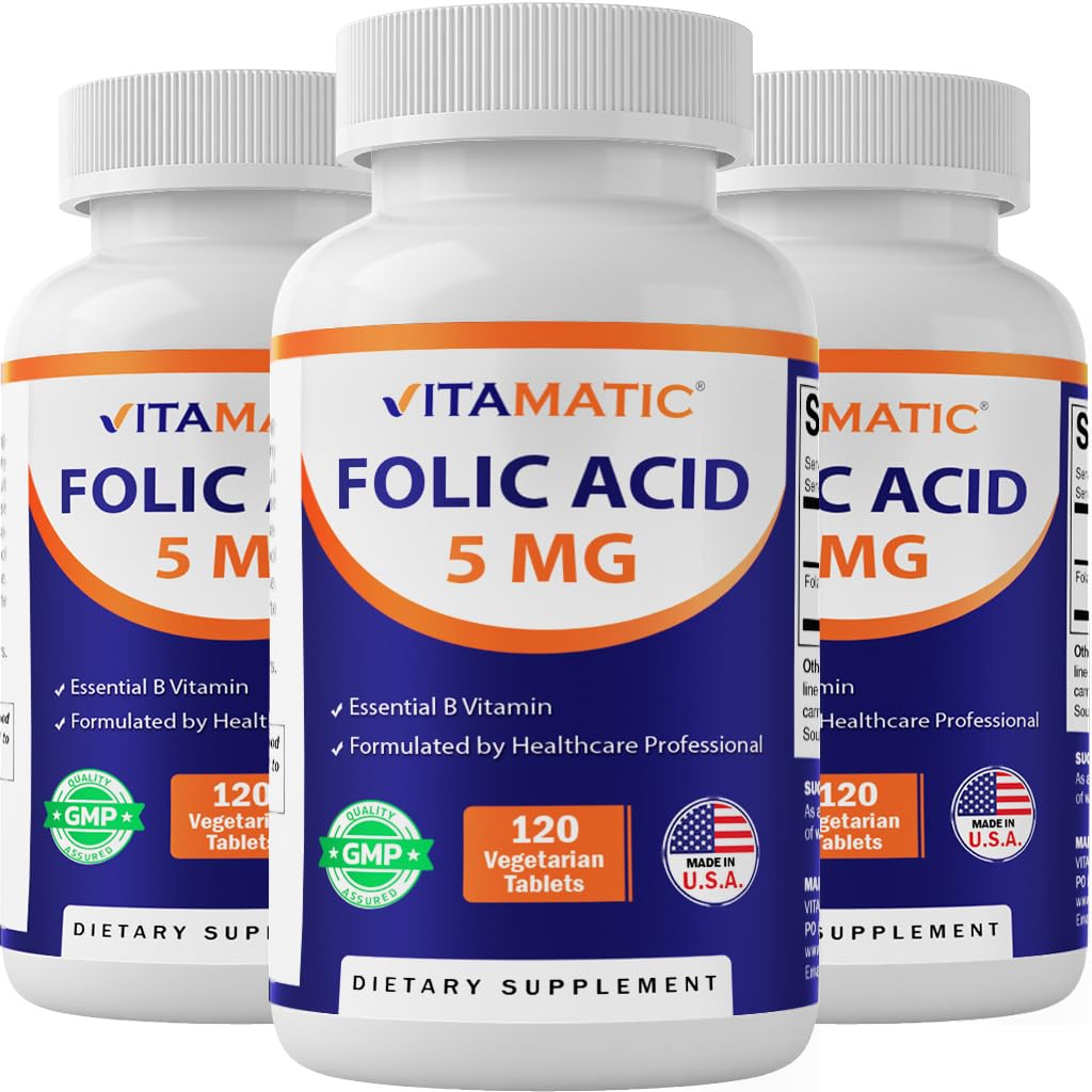 Vitamatska folna kislina 5mg (5000 μg) – 120 vegetarijanskih tablet na steklenico – vitamin B9 (Folat) – 3-Pack 