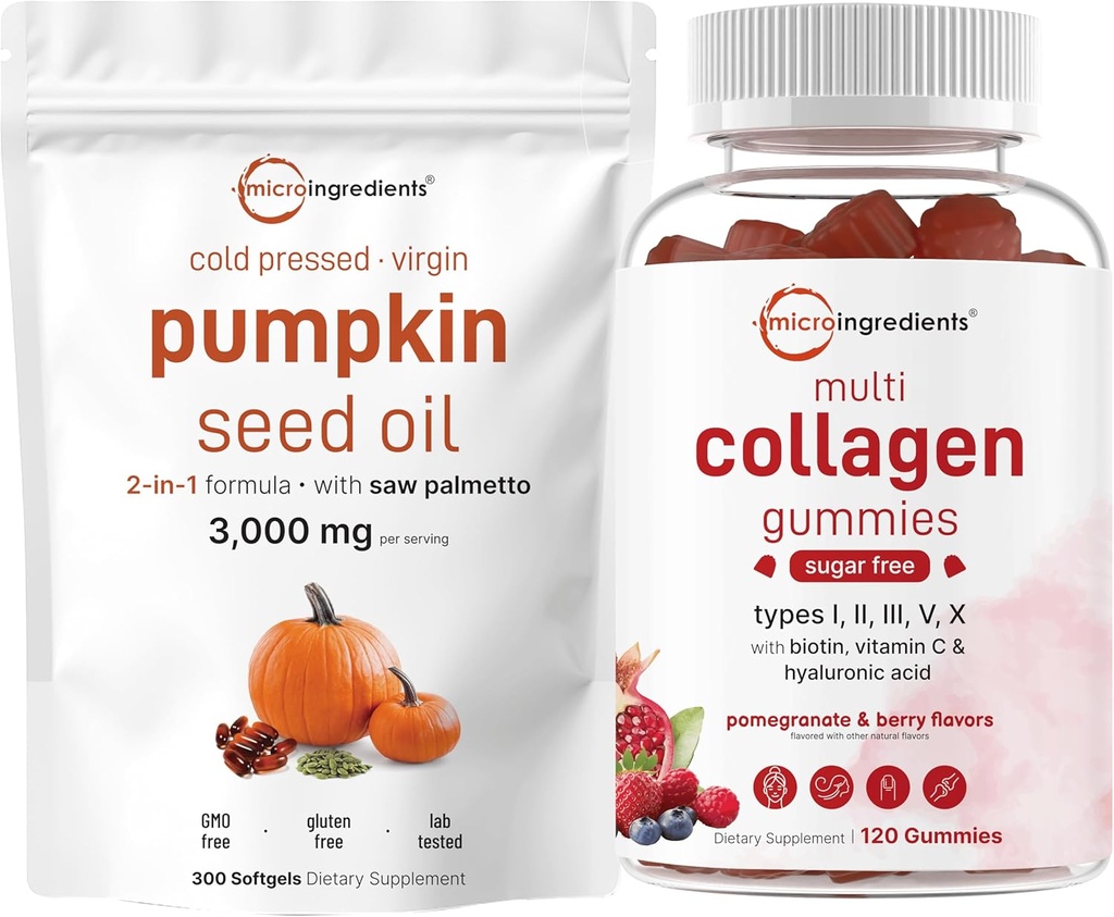 Mikro sestavine Olje bučnega semena z žago Palmetto 3.000mg Softgels & Multi Collagen Peptide Gumies 