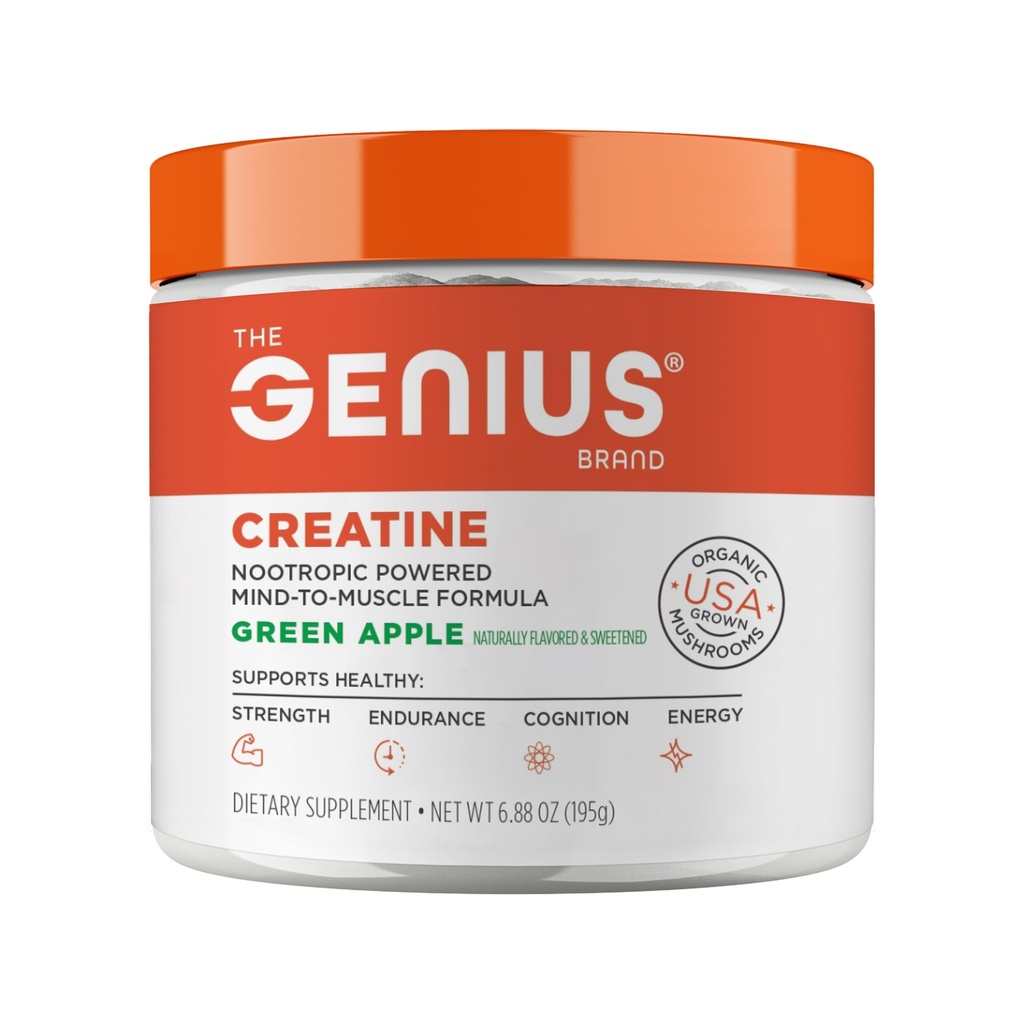 Genij Micronized Kreatin monohidrat v prahu, Post Wordout dodatek, Zelena Apple - 100% naravno aromatizirana in sladkana - podpira mišice stavbe, celična energija in kognitivna funkcija – 195g