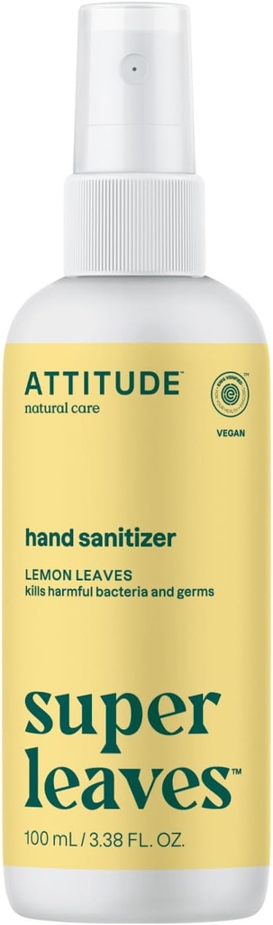 ATTITUDE pršilo za ročno čiščenje, EWG preverjeno, Kills Germs & Bakteria, Vegan & rastlin-based, Varen za odrasle & otroke, Lemon Leaves Scent, 3,38 Fl Oz (Spray steklenica)