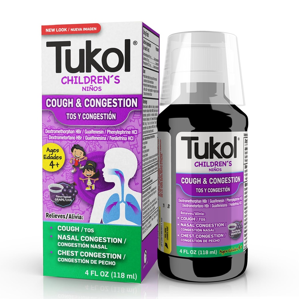 TUKOL Otroška Kašelj Medicina - Kašelj & Congestija Relief, prsni kašelj Supresant za otroke, Otroški hlad in kašelj Medicina, Otroci Kašelj Sirup za starost 4+ Grozdni aroma 4 FL OZ